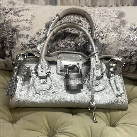 Chloe Silver Satchel with Metallic Finish and Buckle Details - Picture 1 of 6